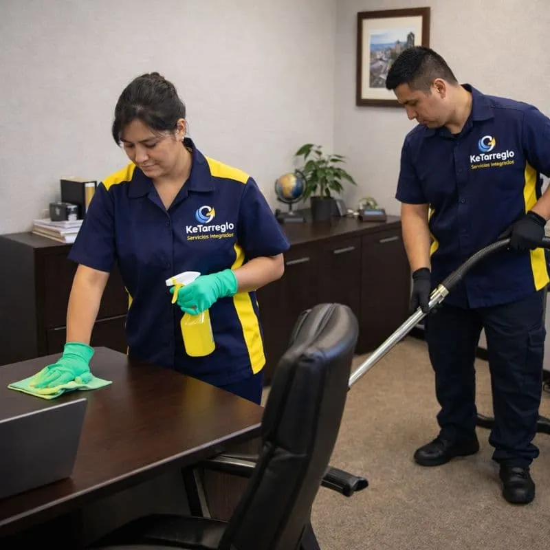 Dos personas de limpieza de la empresa KeTarreglo limpiando una oficina