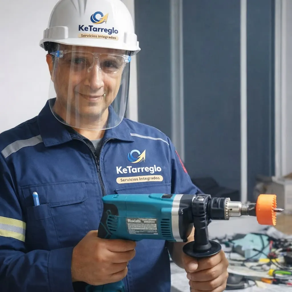 Electricista trabajando con un taladro en sus manos con casco y uniforme