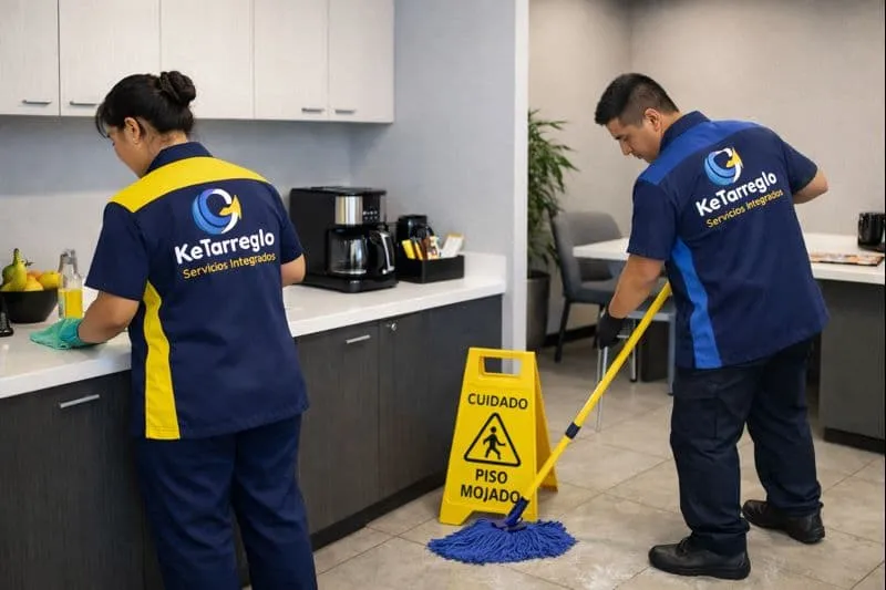 Dos personaas limpian el coffee break de una oficina