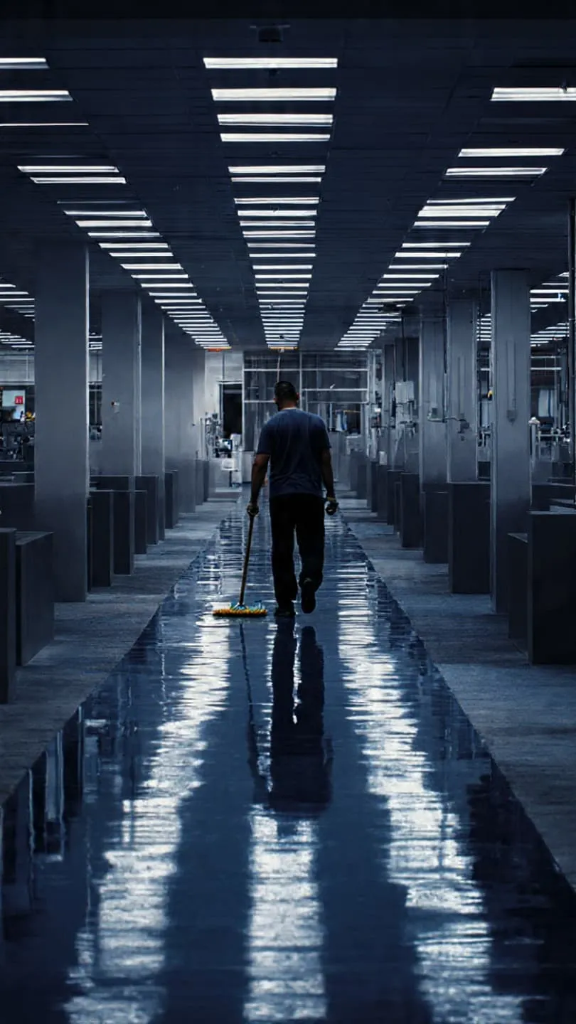 Trabajador limpiando el pasilllo de una oficina