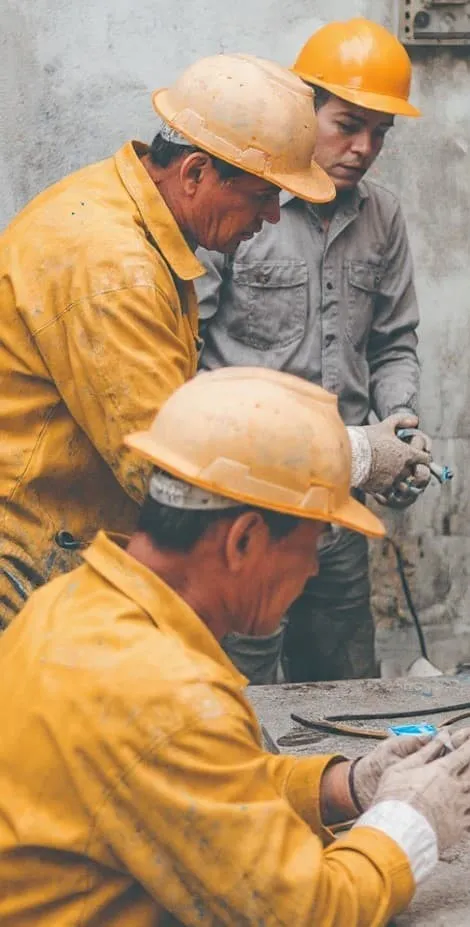 Tres electricistas con uniforme y caso realizan una instalación eléctrica