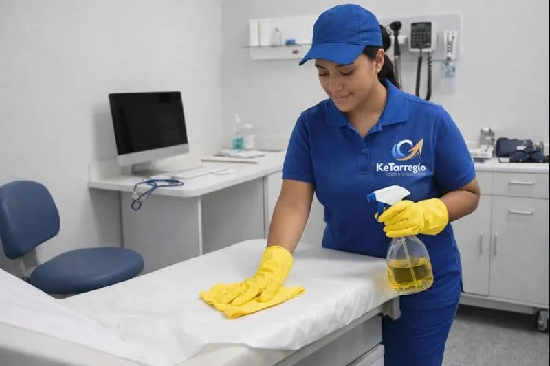 Persona de limpieza limpiando un consultorio
