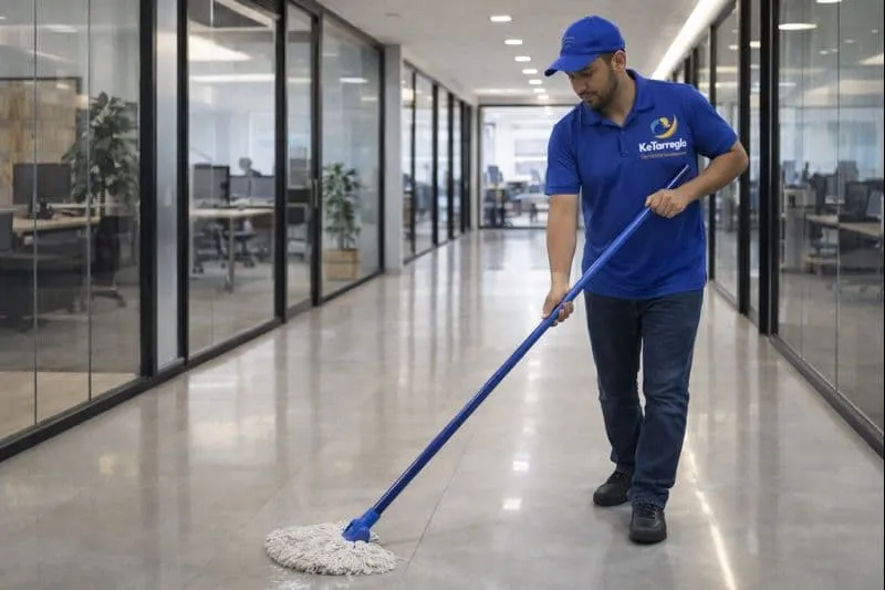 Trabajdor de limpieza asea el pasillo de un Corporativo